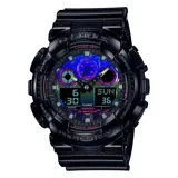 Reloj Casio G-Shock modelo GA100RGB-1ADR, color negro con detalles en colores brillantes. Cuenta con cronómetro, temporizador, cinco alarmas diarias, calendario automático y resistencia al agua hasta 200 metros.