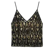 Blusa negra con lentejuelas y cuentas doradas, con tirantes finos y escote en V.