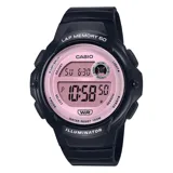 Reloj digital Casio negro con detalles en rosa.