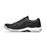 Zapatillas Asics Gel Rocket 11 negras con detalles en blanco, diseñadas para deportes de interior.