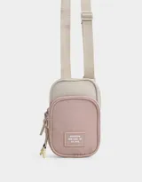 Portacelular bicolor rosa y beige con bolsillo frontal y correa regulable.