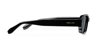 Lentes de sol rectangulares negros con montura gruesa de acetato y lentes polarizadas negras.