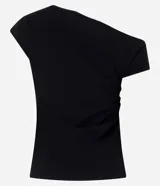 Blusa negra de crepé con corte asimétrico, manga corta y drapeado lateral.