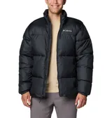 Campera puffer negra con cierre frontal y cuello alto. Logo de Columbia bordado en blanco en el pecho.