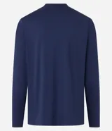 Remera deportiva de manga larga color azul marino, con cuello redondo y detalles reflectantes en franjas verticales en la parte superior del brazo.