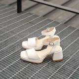 Sandalias de cuero color marrón con plataforma y tacón cuadrado. Tiras anchas sobre los dedos y tobillo con hebilla ajustable.