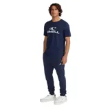 Pantalón de jogging azul marino con cintura elástica ajustable con cordón, corte ajustado y logo pequeño estampado en blanco en el muslo izquierdo.