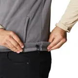 Chaleco de polar Columbia Fast Trek para hombre, color azul marino con cierre y detalles en azul eléctrico. Cuenta con cuello alto, bolsillos laterales con cierre y bolsillo en el pecho con cierre.