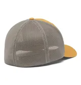 Gorra de béisbol Columbia color beige con paneles traseros de malla azul marino y logo de la marca bordado en el frente.
