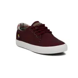 Zapato casual de hombre, color bordo, con cierre de cordones y suela blanca.