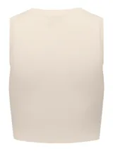 Top corto de tejido de punto color beige, con cuello redondo y sin mangas.