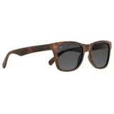 Lentes de sol con montura de madera color marrón con estampado de vetas y lentes grises.