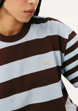 Camiseta de mangas cortas con cuello redondo, a rayas horizontales color marrón y celeste, con logo bordado en el pecho.