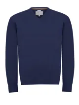 Sweater azul marino de lana y cashmere con cuello en V y calce regular.