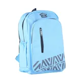 Mochila negra con estampado gráfico en la parte inferior y múltiples compartimentos.