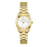 Reloj Guess modelo Alice para mujer, con caja y pulsera de eslabones de acero en tono dorado. Presenta una esfera blanca con marcadores de hora aplicados en dorado y ventana de fecha a las 3.