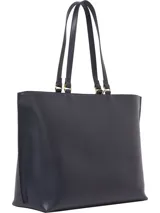 Cartera tote Tommy Hilfiger color azul marino, confeccionada en poliuretano. Tiene doble asa de hombro, cierre de cremallera y logo TH dorado en el frente.