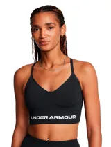 Top deportivo negro Under Armour con escote en V, tirantes finos y logo de la marca en el contorno inferior. Ideal para actividades de bajo impacto.