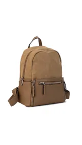 Mochila color marrón con detalles en cuero sintético, con bolsillo frontal con cierre y broche, bolsillos laterales, asas regulables y bolsillos internos.