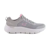 Championes deportivos Skechers Go Walk Flex Caley, color gris con detalles en rosa. Capellada de malla y material sintético, cordones, plantilla Air-Cooled Goga Mat y amortiguación Ultra Go.