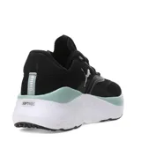 Championes Puma Softride Mayve de mujer, color negro con detalles en blanco y verde agua. Capellada liviana con tejido respirable, entresuela Softride y plantilla Softfoam+ para mayor amortiguación.