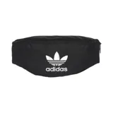 Riñonera negra Adidas con logo blanco estampado en el frente. Cuenta con correa ajustable con hebilla y cierre con cremallera.