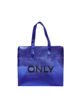 Bolso tipo shopper color azul metalizado con degradé a azul oscuro, con asas cortas y logo "ONLY" estampado en negro.