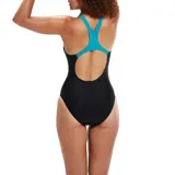 Malla enteriza de natación Speedo Medley Medalist, color negro con detalles geométricos y logo en verde agua.