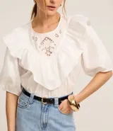 Blusa blanca de tricolina con cuello redondo, mangas cortas abullonadas y detalle de laise en el pecho.