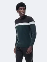 Buzo tejido color negro con detalles en verde oscuro y blanco, con escote redondo y diseño ajustado.