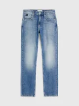Jeans de denim rígido de algodón, color azul medio vintage, de corte recto y tiro medio.