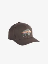 Gorra marrón de algodón con bordado frontal de un bisonte con diseño geométrico multicolor. Tiene visera curva y cierre ajustable en la parte posterior.
