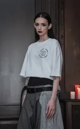 Remera blanca de algodón con cuello redondo y calce oversize. Estampado con diseño de dos caballeros medievales con armadura y capa roja, uno usando un celular y otro con una copa.