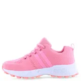 Championes deportivos color rosa con suela blanca y detalles en naranja.