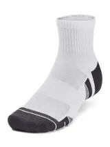 Pack de tres pares de medias deportivas unisex Under Armour Performance Tech, corte tobillero, en color blanco, gris y negro.