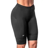 Calza ciclista negra con logo blanco en la pierna izquierda.