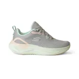 Championes deportivos Skechers Skech Cloud Gentle Glow para mujer, color gris con detalles en rosa y verde agua. Capellada de malla técnica, cordones, media suela con amortiguación y plantilla Skechers Air-Cooled Memory Foam.
