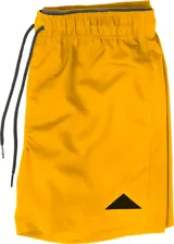Short de baño azul con cintura elastizada, cordón de ajuste y logo de triángulo amarillo en la pierna derecha.
