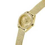 Reloj Guess dorado con caja redonda con strass, esfera dorada con logo de la marca y pulsera de malla milanesa dorada.