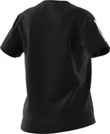 Remera deportiva Adidas Own The Run para mujer, color negro con tres tiras blancas en las mangas y logo blanco en el pecho.