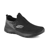 Championes Skechers Summits Daily Flourish color negro, estilo slip-on, capellada de tejido de punto suave, plantilla Air Cooled Memory Foam y suela flexible.