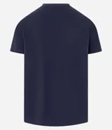 Remera de piqué azul marino de corte regular, cuello redondo con rib superpuesto, mangas cortas y sin estampa.