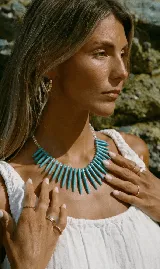 Collar corto con cuentas de cristal transparente y colgantes de piedra turquesa en forma de púas.