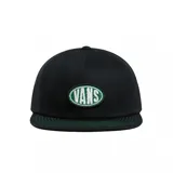Gorra negra de Vans con logo ovalado de la marca bordado en verde en el frente. Visera plana con costuras verdes. Ajuste trasero con hebilla plástica.