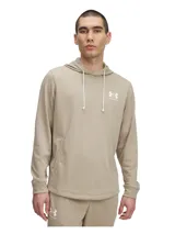 Buzo con capucha Under Armour Rival Terry color beige, con logo estampado en el pecho, cordones ajustables y bolsillo tipo canguro.