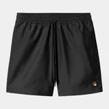 Short de baño negro Carhartt WIP, con logo bordado en color dorado en la pierna izquierda.