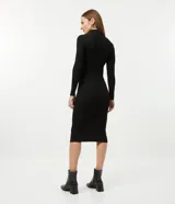 Vestido midi negro de tejido de punto acanalado, con cuello alto y manga larga. Diseño ajustado al cuerpo.