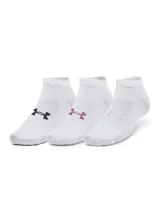 Medias deportivas Under Armour Essential Low Cut, color blanco con logo en el empeine color lila.