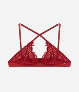 Soutien top de encaje floral color rojo, sin aro ni relleno, con breteles finos regulables y removibles.