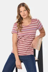 Remera de manga corta con rayas horizontales en tonos rosa, blanco, celeste y lila.